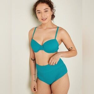 NWT VS PINK CRINKLE HIGH-WAIST SHORTIE BIKINI PUSH up Teal Ribbed Bikini Set